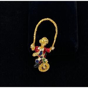 Vintage Trembler Enamel Clown Brooch Gold Tone Rhinestones Unicycle Colorful